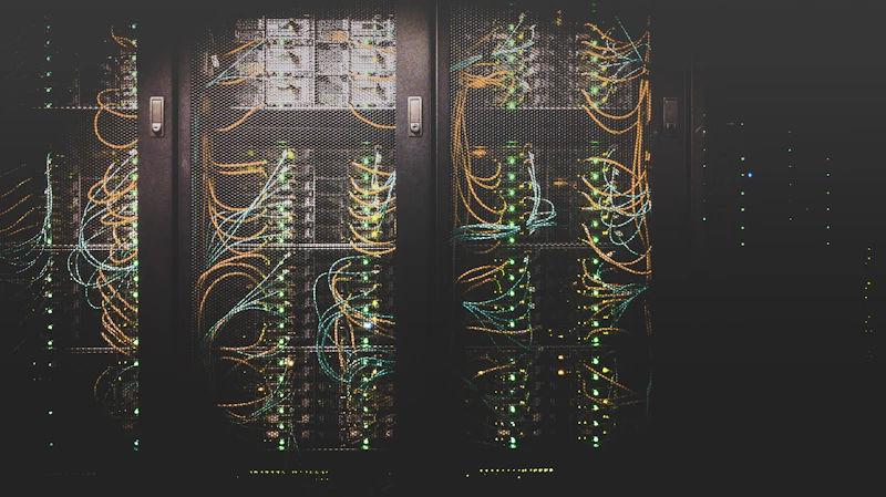 Corredor de data center com iluminação de baixa intensidade